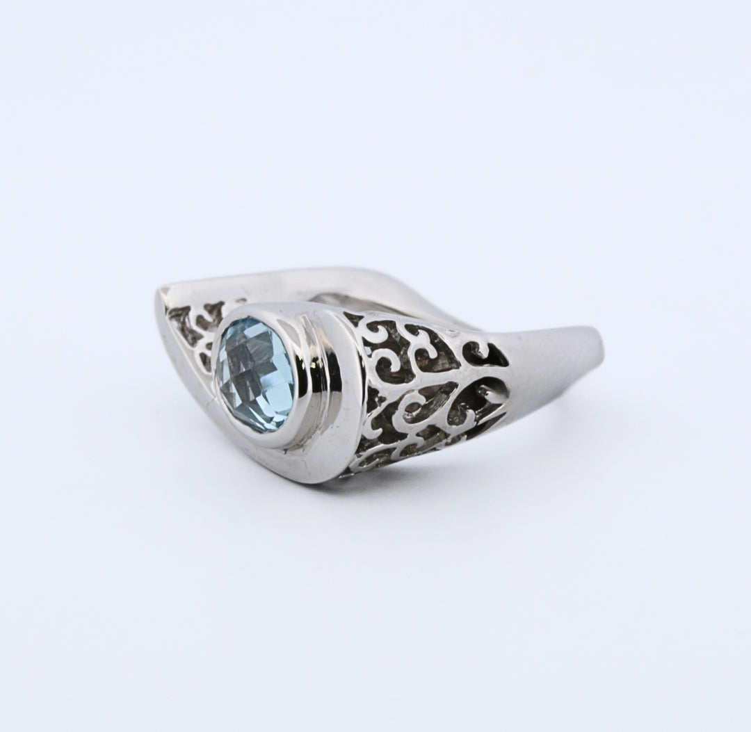 Estate 18K White Gold Blue Topaz Scroll Ring