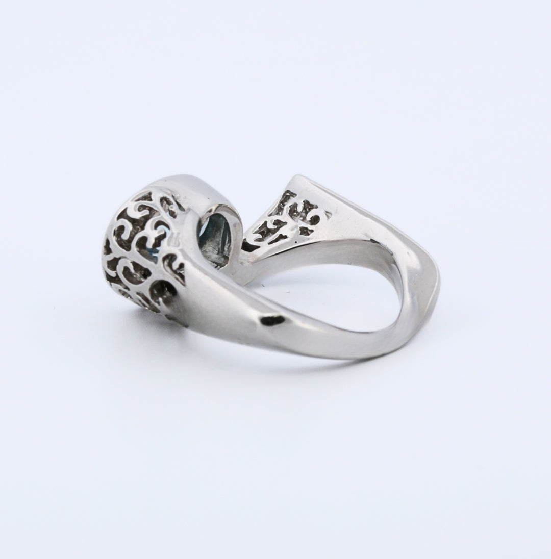 Estate 18K White Gold Blue Topaz Scroll Ring