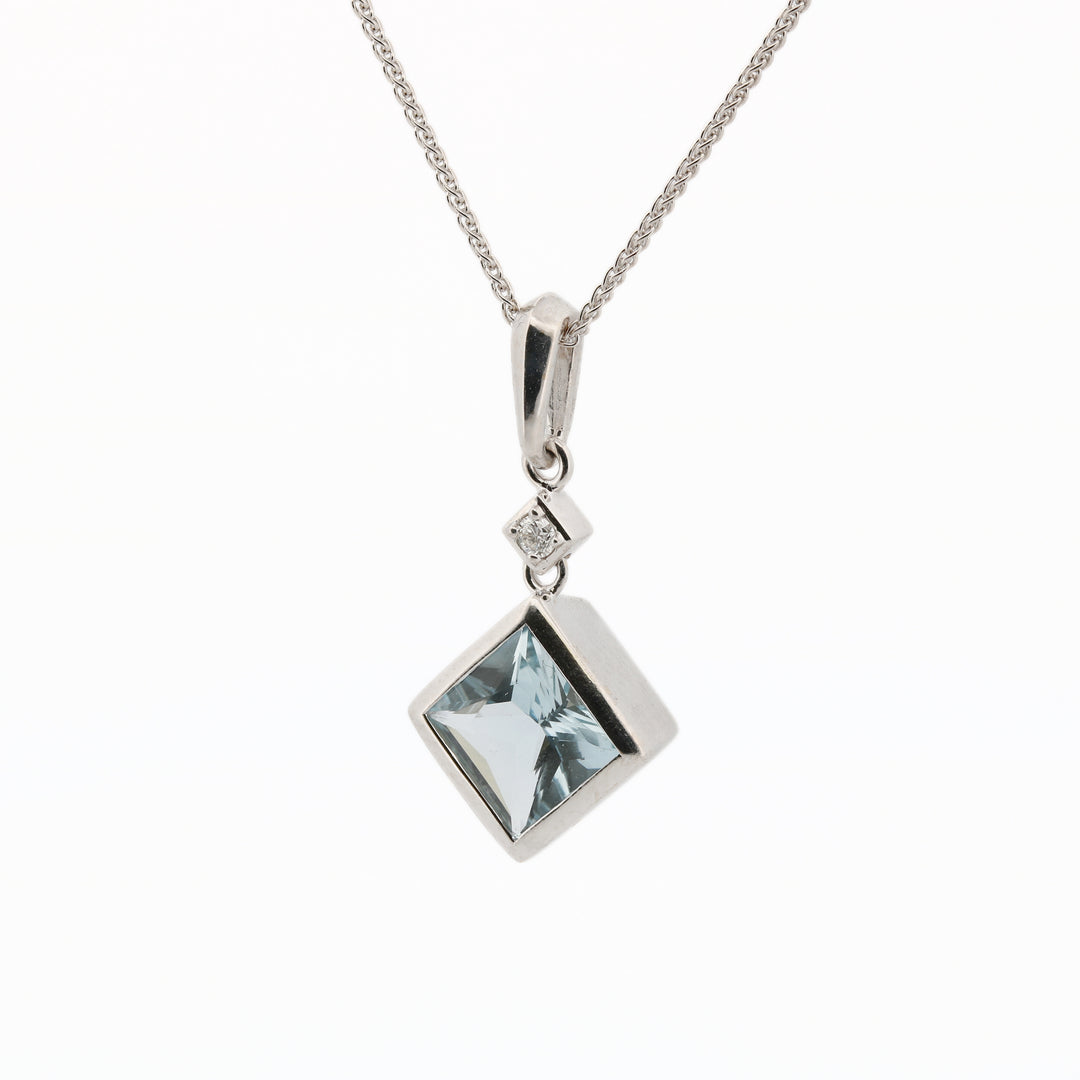 Diamond and Aquamarine Square Drop Necklace