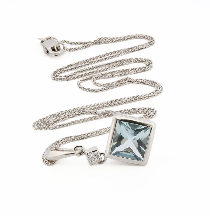 Diamond and Aquamarine Square Drop Necklace