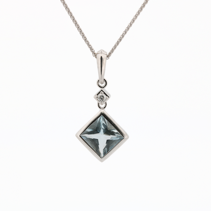 Diamond and Aquamarine Square Drop Necklace