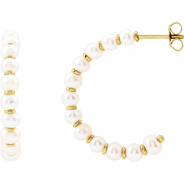 14K Yellow Gold Pearl Hoop Earrings