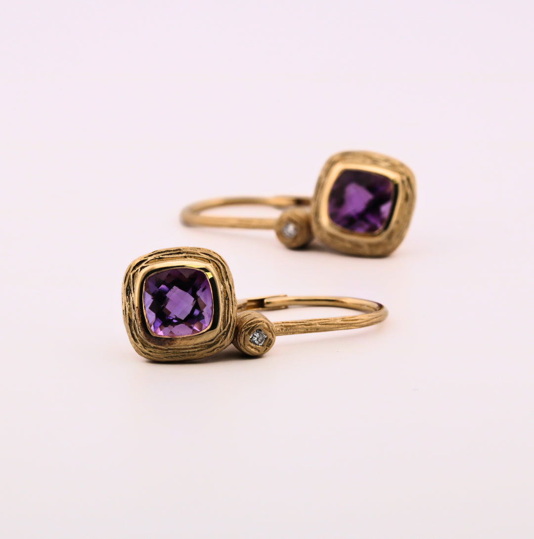 14K Gold Amethyst & Diamond Dangle Earrings