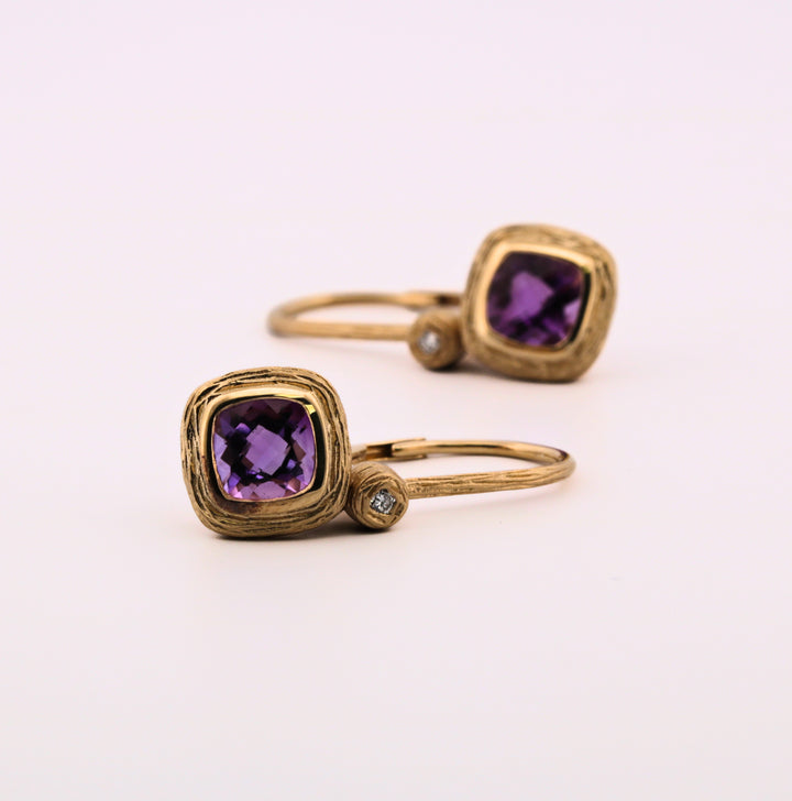 14K Gold Amethyst & Diamond Dangle Earrings