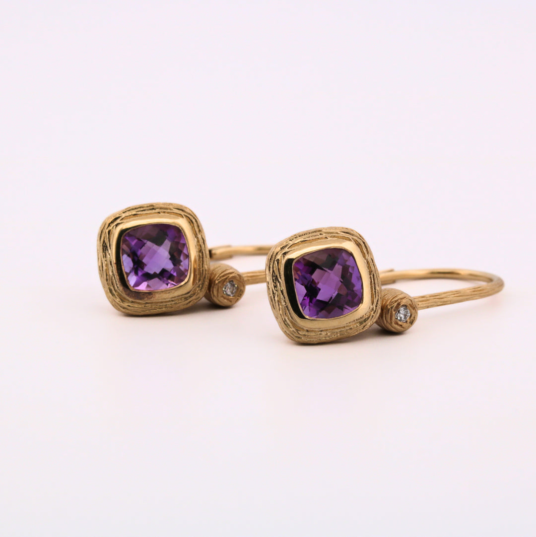 14K Gold Amethyst & Diamond Dangle Earrings