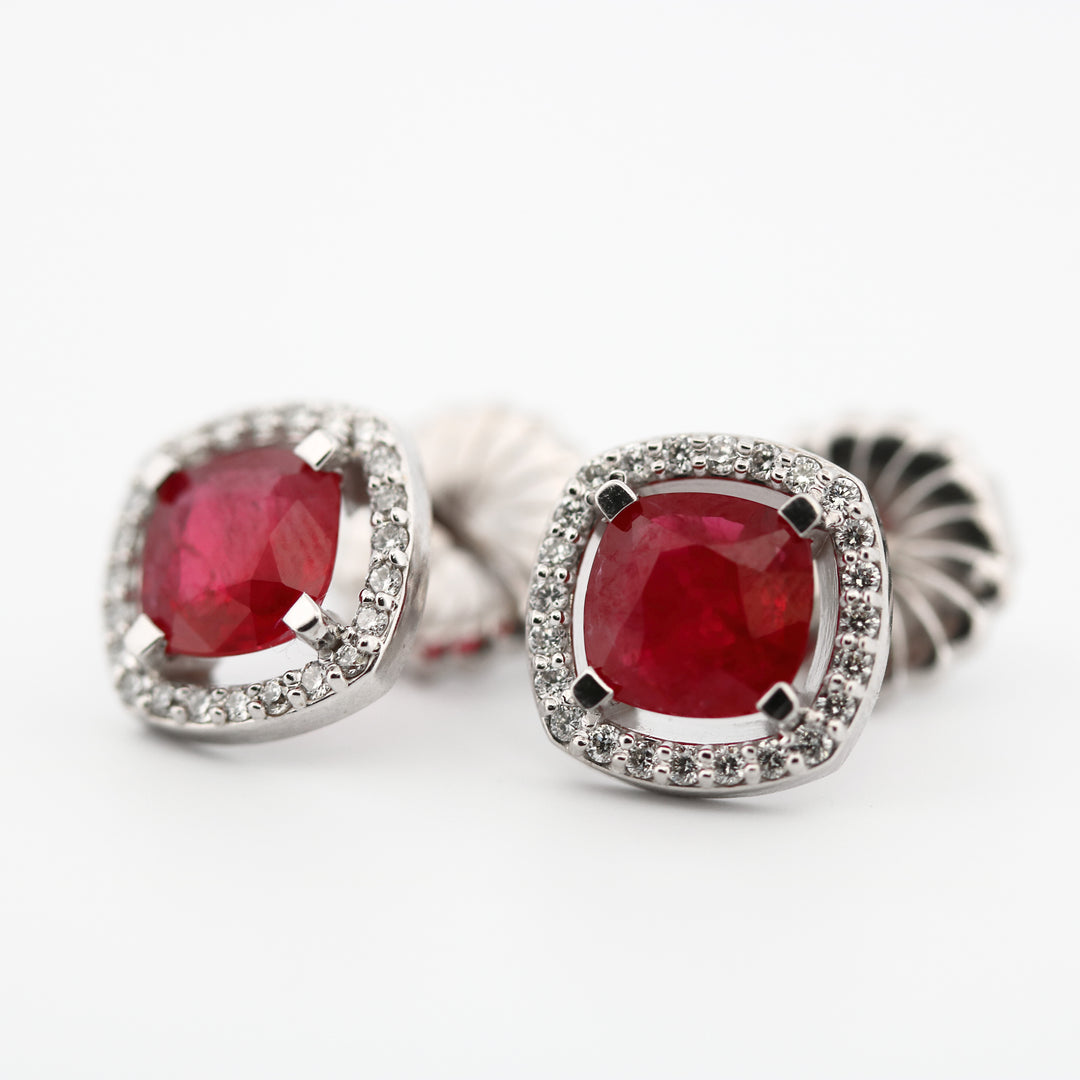 14K White Gold Ruby and Diamond Halo Earrings