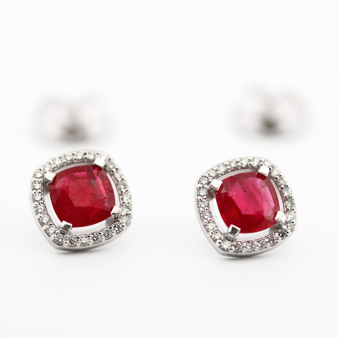 14K White Gold Ruby and Diamond Halo Earrings