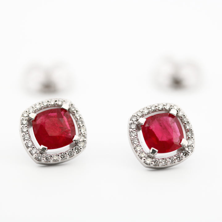 14K White Gold Ruby and Diamond Halo Earrings