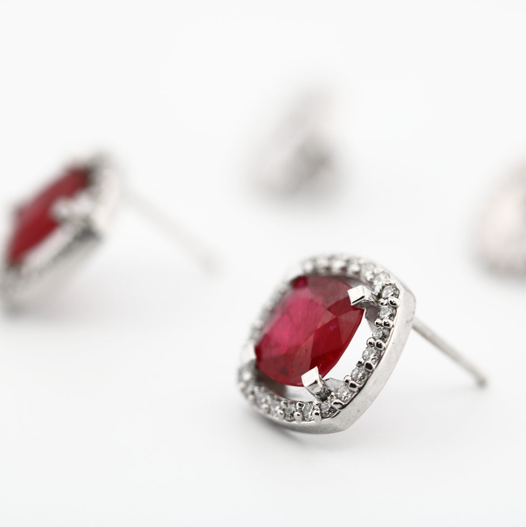 14K White Gold Ruby and Diamond Halo Earrings