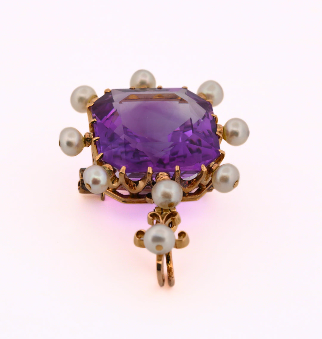 Estate Vintage 18K Amethyst & Pearl Pendant / Pin