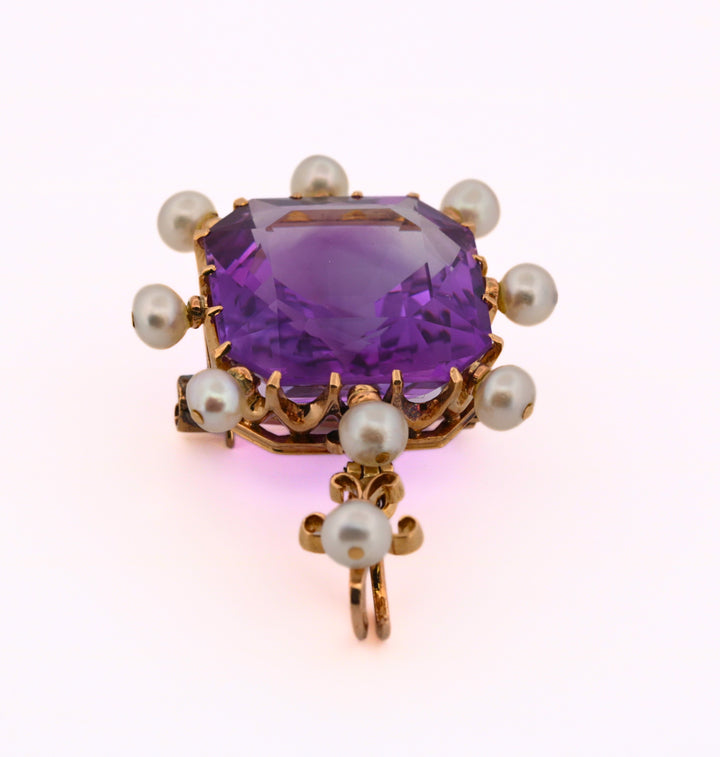 Estate Vintage 18K Amethyst & Pearl Pendant / Pin