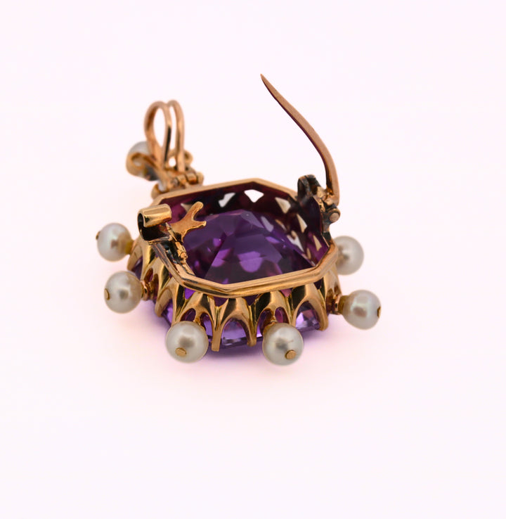 Estate Vintage 18K Amethyst & Pearl Pendant / Pin