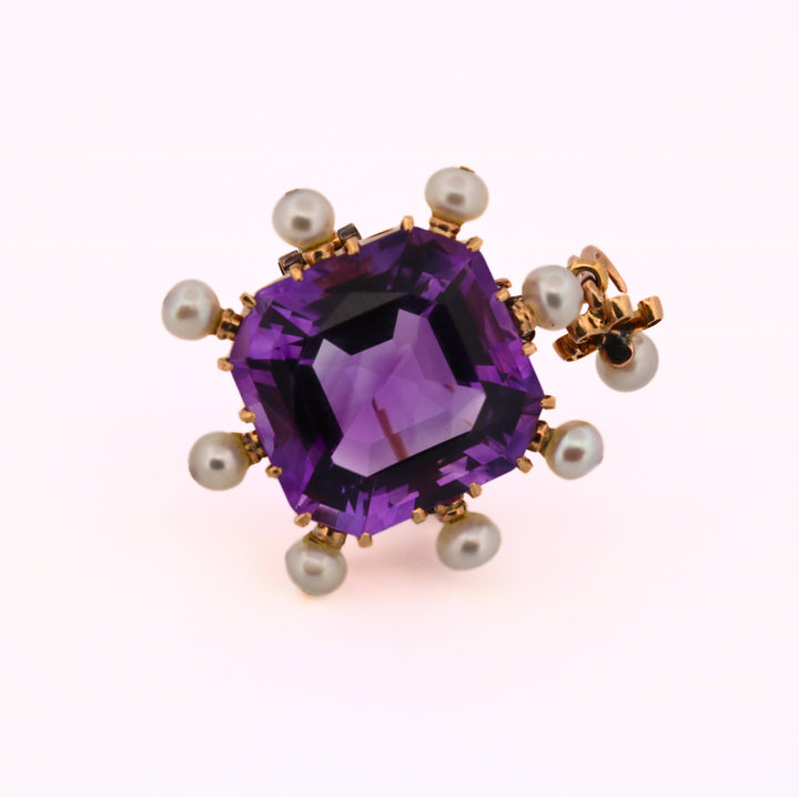 Estate Vintage 18K Amethyst & Pearl Pendant / Pin