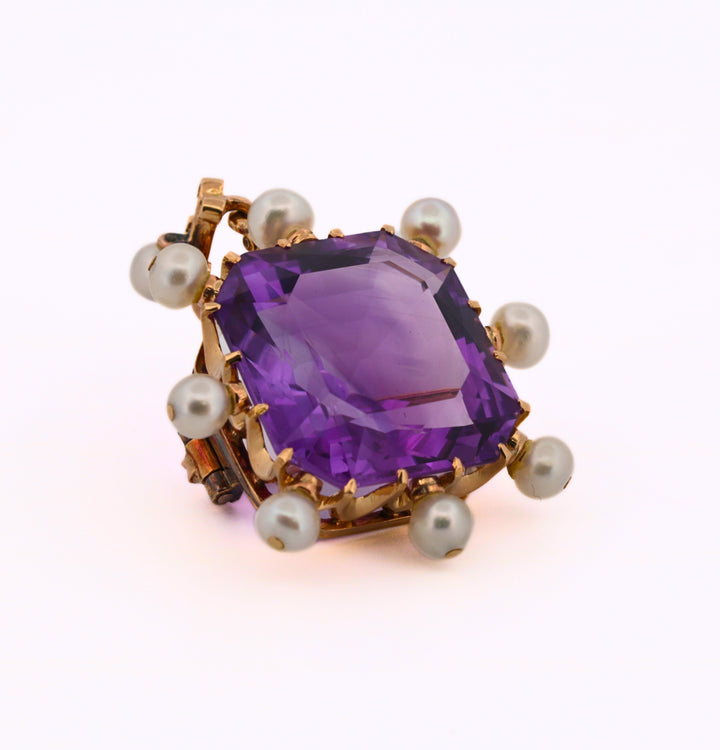 Estate Vintage 18K Amethyst & Pearl Pendant / Pin