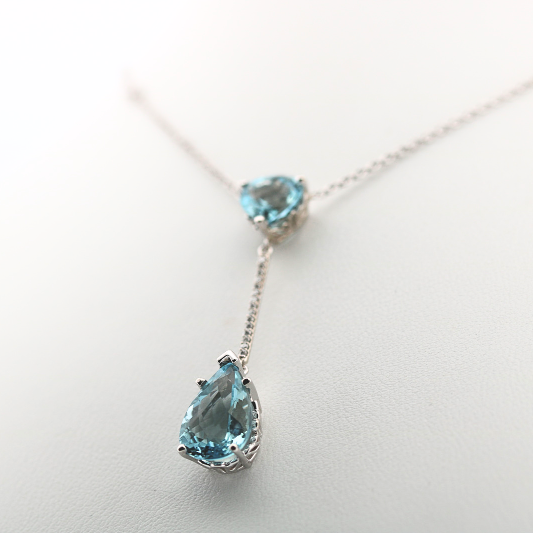 Diamond and Aquamarine Station Drop Necklace