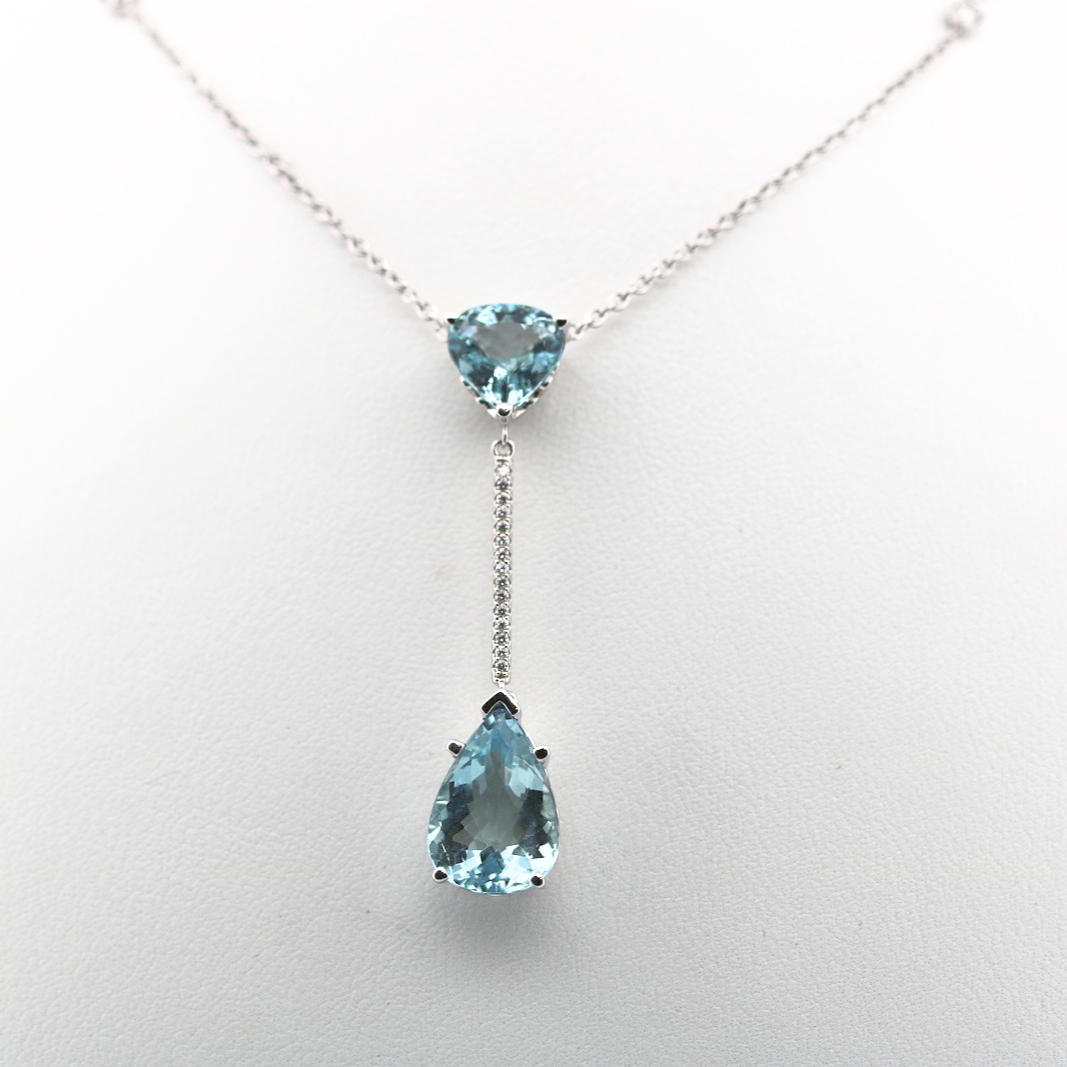 Diamond and Aquamarine Station Drop Necklace