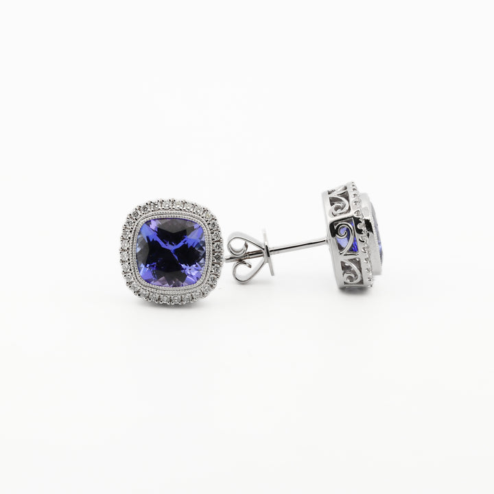 14K White Gold Cushion-Cut Tanzanite and Diamond Milgrain Earrings