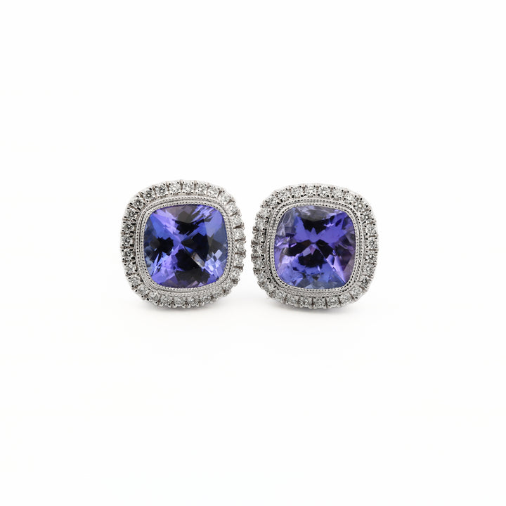 14K White Gold Cushion-Cut Tanzanite and Diamond Milgrain Earrings