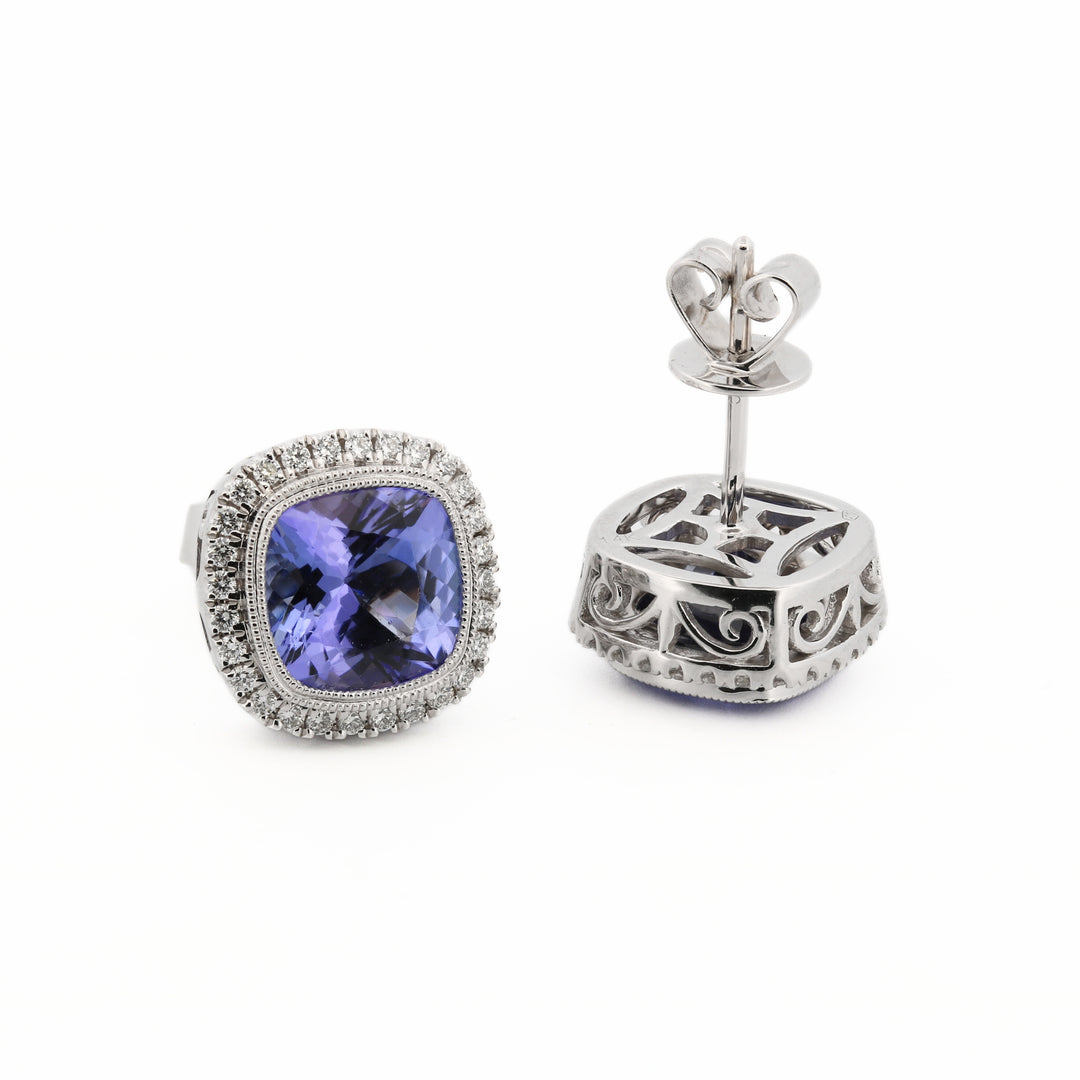 14K White Gold Cushion-Cut Tanzanite and Diamond Milgrain Earrings